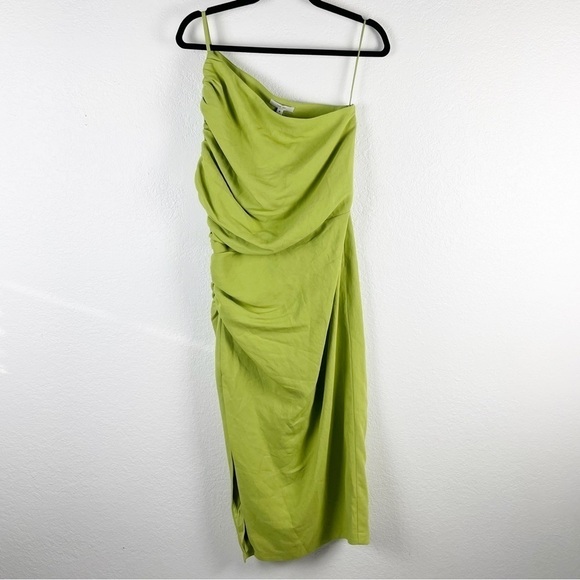The Sei Gathered One Shoulder Ruched Slit Midi Dress Green Cocktail Party - Picture 2 of 8